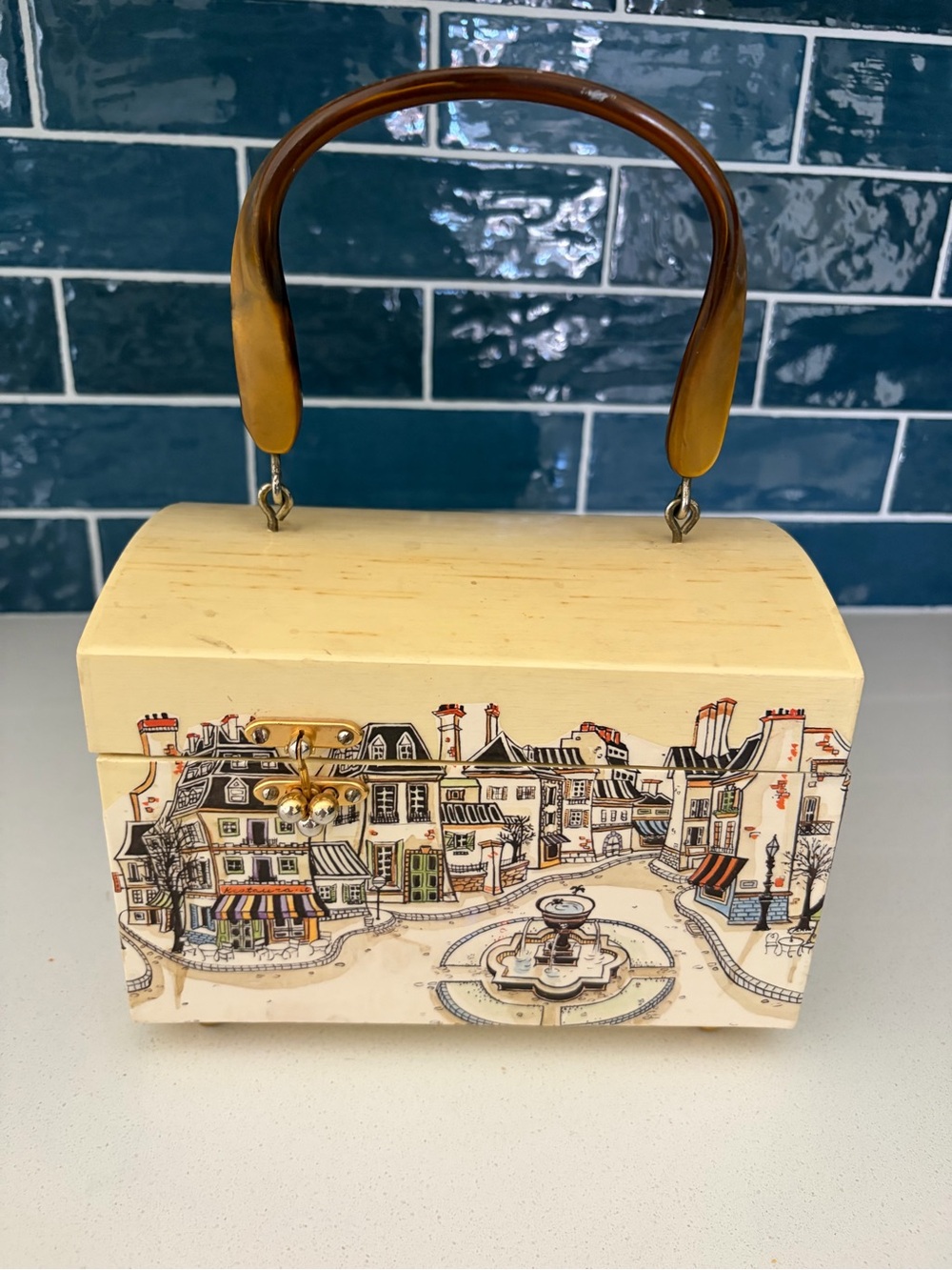Vintage Decopage Village Scene Box Purse in Cream with Brown Handle